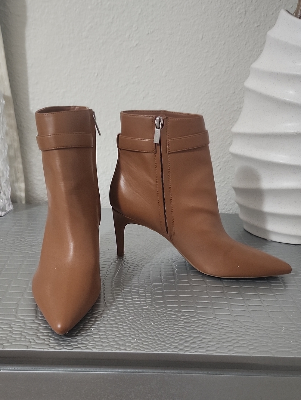 Calvin Klein Cognac Pointed-Toe Ankle Booties